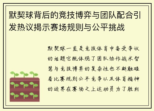 默契球背后的竞技博弈与团队配合引发热议揭示赛场规则与公平挑战